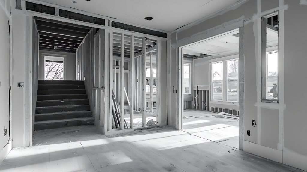 unfinished house interior showing wooden framing drywall staircase